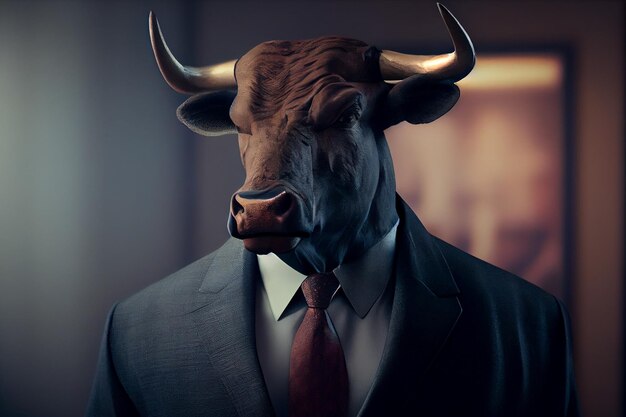 Portrait of a bull wearing a suit and tie over dark backgroundgenerative ai