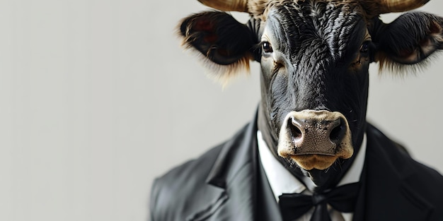 Photo portrait of a bull with a businessman suit on a white background