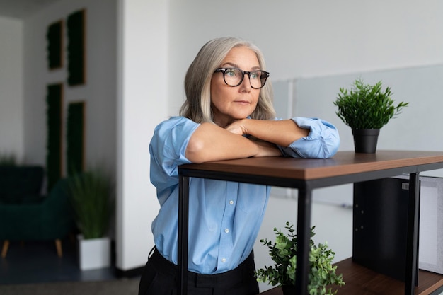 Portrait of business adult businesswoman pensive expression in office professional accountant woman