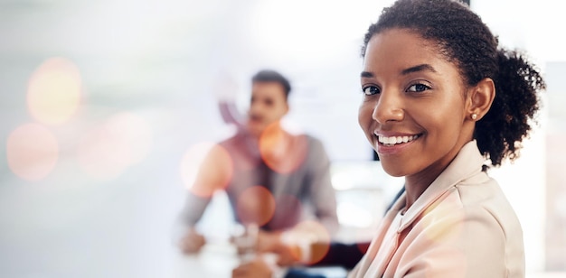 Portrait business and happy black woman in office company or corporate workplace bokeh Face lawyer and African professional employee worker or legal attorney smile for career on mockup space