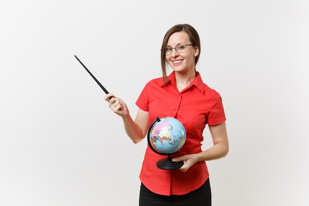 Portrait of business teacher woman in red shirt skirt glasses holding globe and wooden classroom pointer isolated on white background. Education teaching in high school university concept. Copy space.