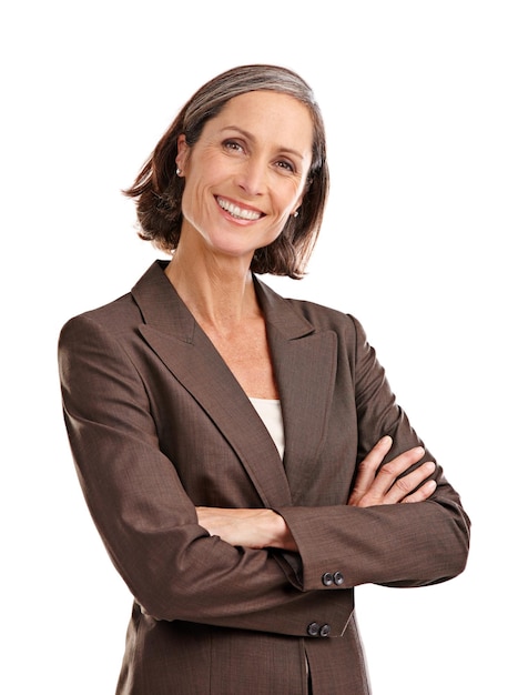 Portrait business woman and smile with arms crossed in studio isolated on a white background Face boss and mature female ceo professional or executive from Australia with confidence and happy