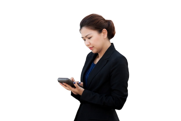 Portrait of business woman using calculator, isolated on white background