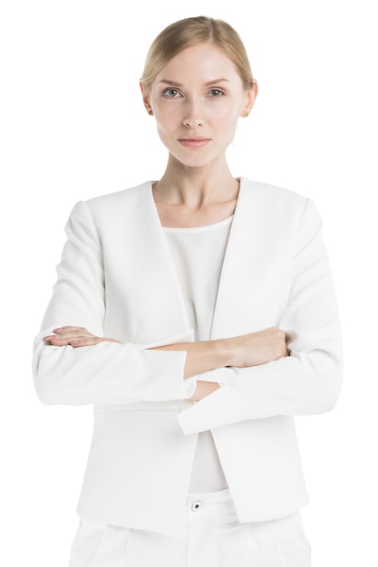 Portrait of business woman in white suit with hands crossed isolated on white background