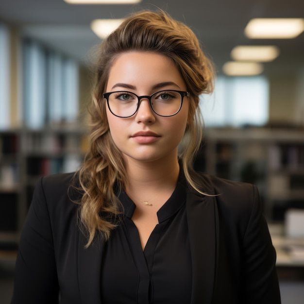 portrait of a business woman with glasses in an office