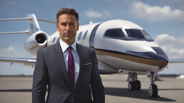 Portrait of a businessman in front of business jet Financial success concept