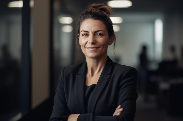 Portrait of businesswoman standing outside meeting room with colleague sitting smiling female busin