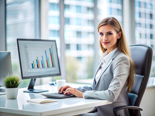 Photo portrait of a busy young business woman accountant sitting at the desk and working computer