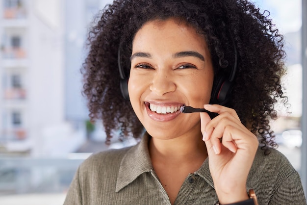 Portrait call center and black woman with smile success and training for telemarketing headset and customer service Face African American female employee and happy consultant for tech support