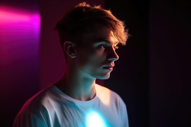 Portrait of calm young male with short hair wearing white t shirt looking down while standing in ne