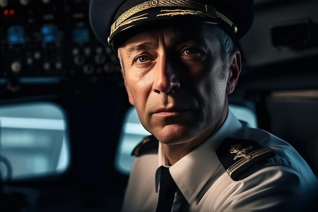 Portrait of captain pilot of a passenger plane inside the cabin Generative AI