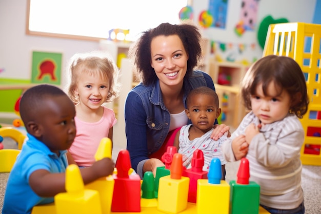 Portrait of a caring childcare worker playing with a group of happy children in a colorful