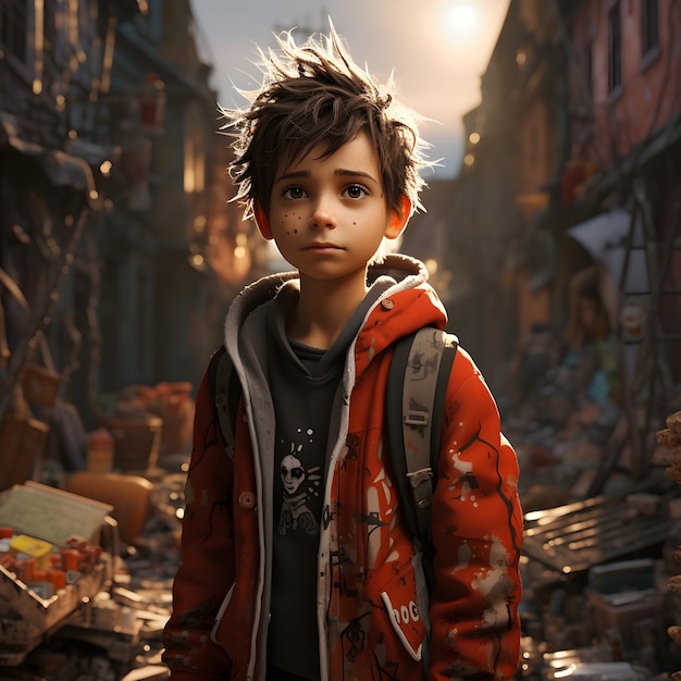 Portrait of a cartoon boy wearing red jacket standing in a street