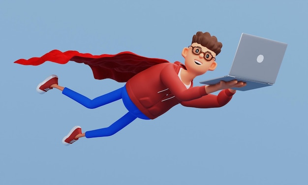 Portrait of cartoon business superhero A man in a superhero cape with a laptop in the rch 3d illustration