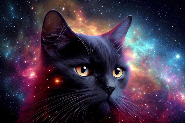 Portrait of a cat against the background of space and stars double exposure3d illustration Generative AI