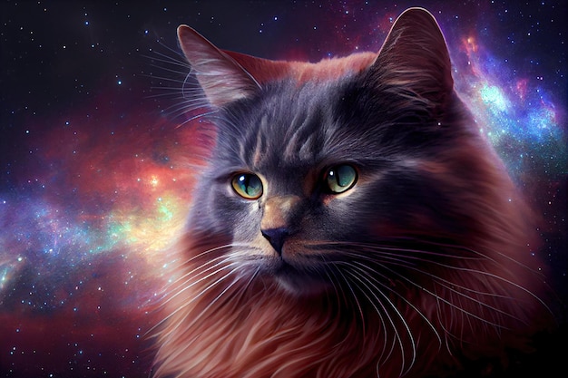 Portrait of a cat against the background of space and stars double exposure3d illustration Generative AI