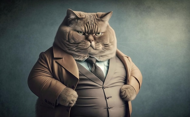 Portrait of a cat in a business suit on dark background Generative AI