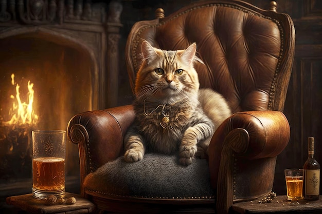 Portrait of cat on an expensive leather armchair with whiskey in his hands near the fireplace generative ai