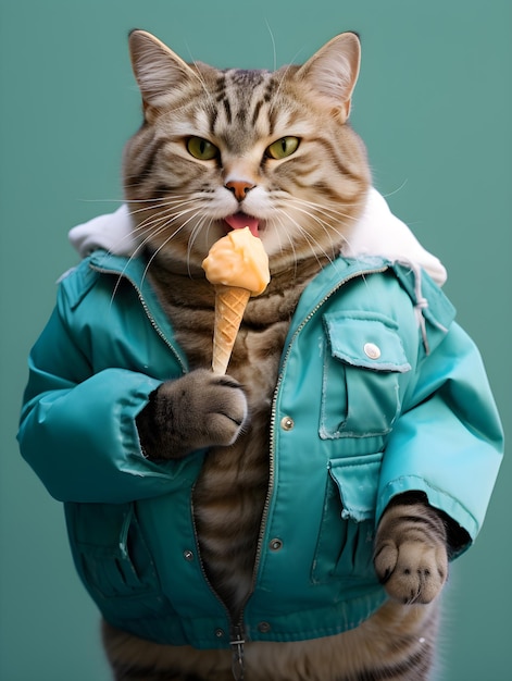 Portrait of a cat in a jacket with ice cream on a green background