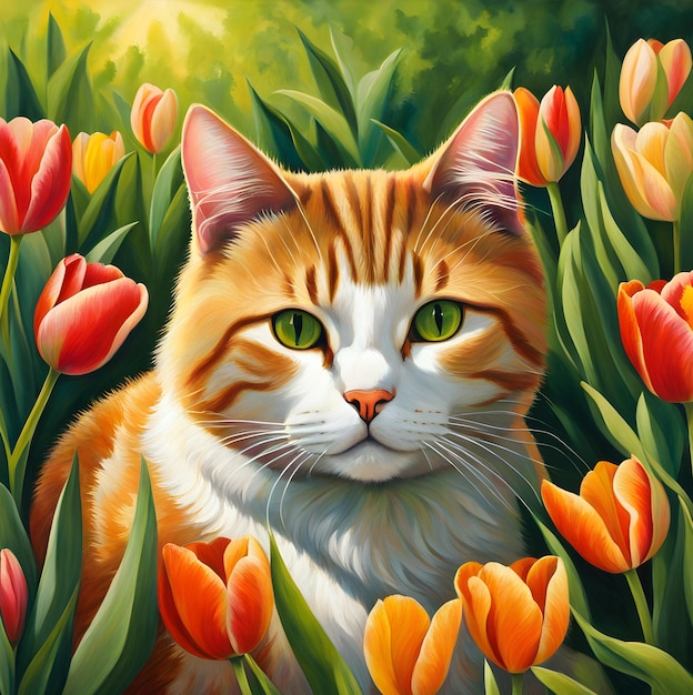 a portrait of a cat sitting in a field of flowers in the forest