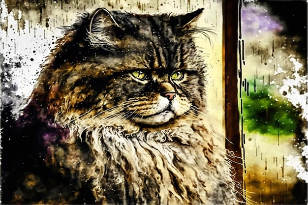 Portrait of a cat sitting near the window Digital art style illustration painting Cartoon style of a cat near the window