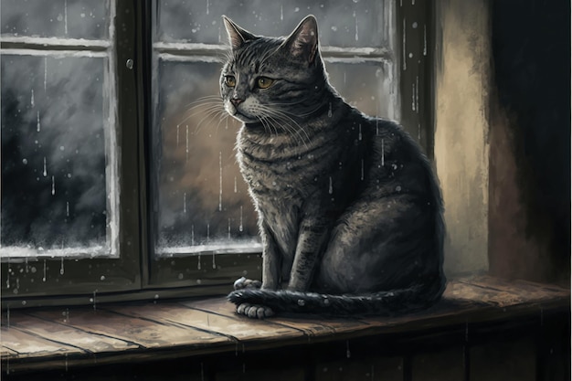 Portrait of a cat sitting near the window Digital art style illustration painting Cartoon style of a cat near the window