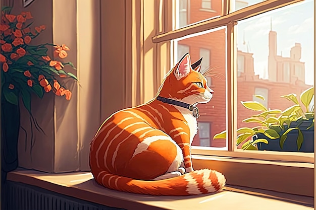 Portrait of a cat sitting near the window Digital art style illustration painting Cartoon style of a cat near the window