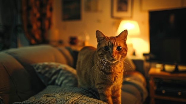 Portrait of a cat standing on a sofa at home cozy living room with warm ambient lighting peaceful and inviting atmosphere detailed and sharp hd quality ar 169 Job ID cc379430e2d140d0b13cc23366271639