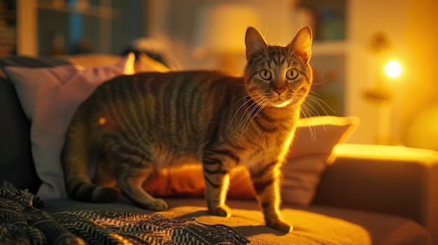 Portrait of a cat standing on a sofa at home cozy living room with warm ambient lighting peaceful and inviting atmosphere detailed and sharp hd quality ar 169 Job ID cc379430e2d140d0b13cc23366271639