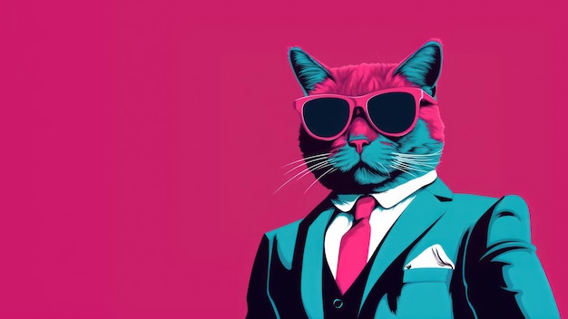 Portrait of a cat in a suit and sunglasses on a pink