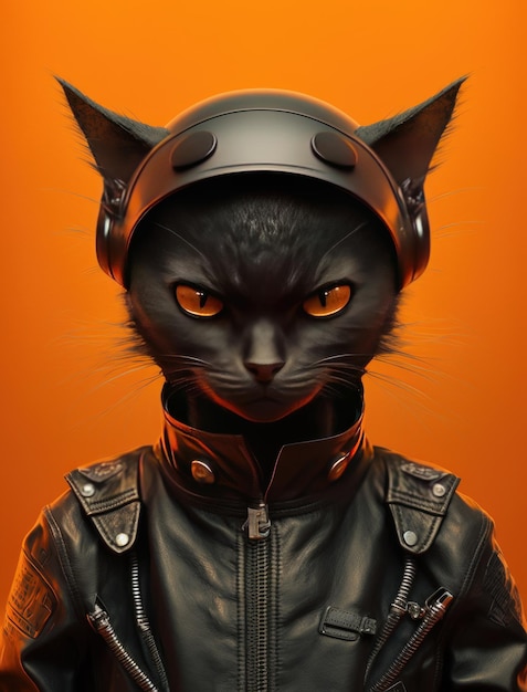 Portrait of Cat wearing black jacket on orange background Created Generative Ai