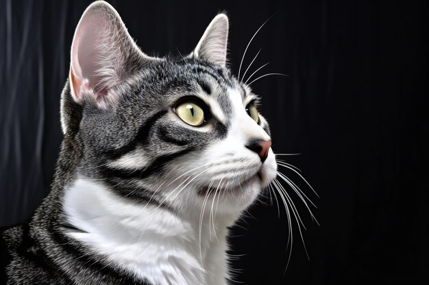 Portrait of a cat with green eyes on a black background