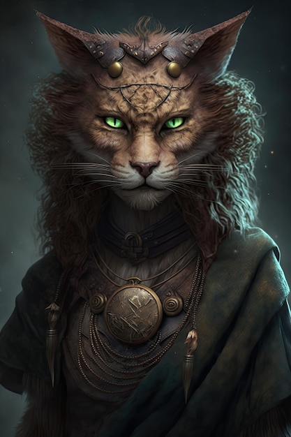 A portrait of a cat with green eyes and a golden chain around his neck.