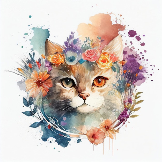 Portrait of a cat in a wreath of flowers watercolor style Generative AI