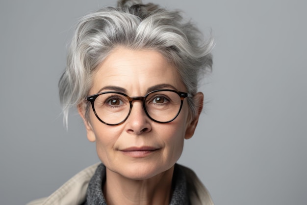 Portrait of caucasian adult woman wearing eyeglasses looking at camera isolated over white backgrou