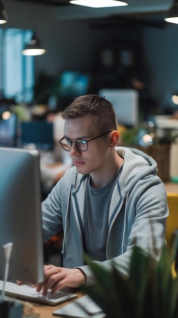 Portrait of Caucasian Creative Young Man Working on Computer During Day in Modern Office