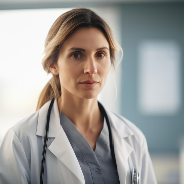 Portrait of caucasian female doctor in lab coat created using generative ai technology