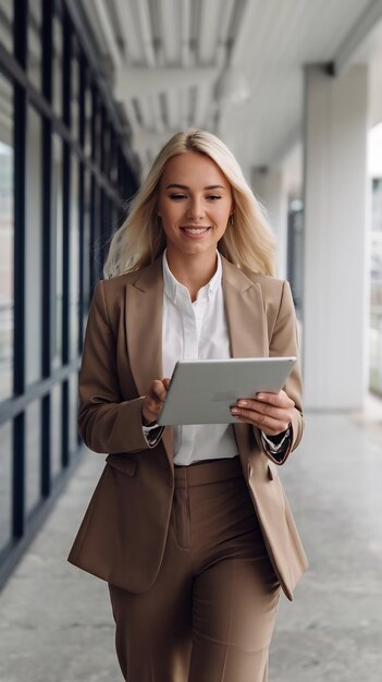 Photo portrait of caucasian female project manager using a tablet computer and walking in a corridor of a