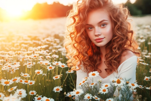 Portrait caucasian redhaired woman sitting in field daisies Closeup portrait Beautiful young girl Chamomile flower field at sunset