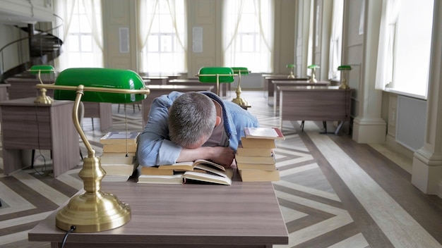 Portrait of caucasian Senior man working with book in public library Adult student at the library