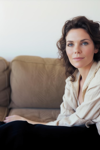 Portrait of caucasian woman with brown hair on sofa created using generative ai technology