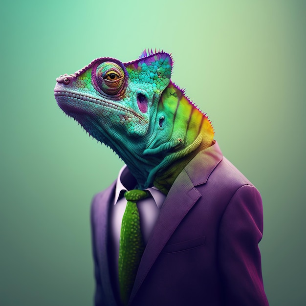 Portrait of chameleon with purple suit and green tie created using generative ai technology