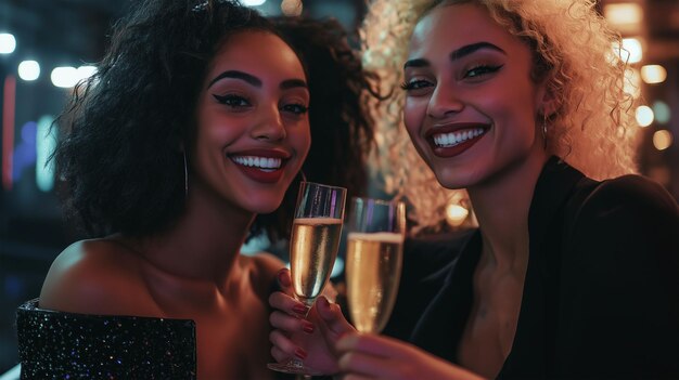 Photo portrait champagne and clubbing with woman friends drinking alcohol in celebration of the new year