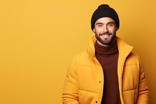 Portrait of charming male model wearing new men's stylish warm clothes collection