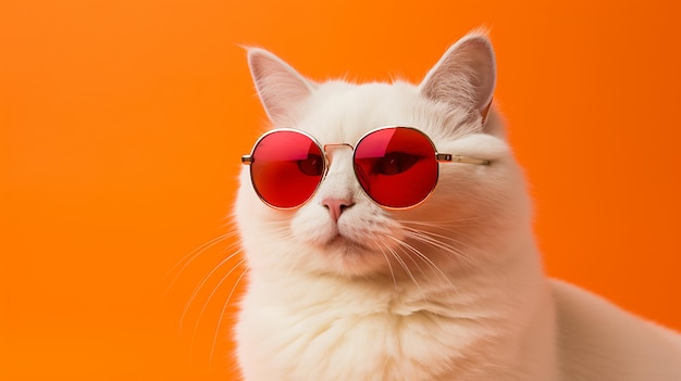 portrait of a charming white cat wearing vibrant and playful red sunglasses