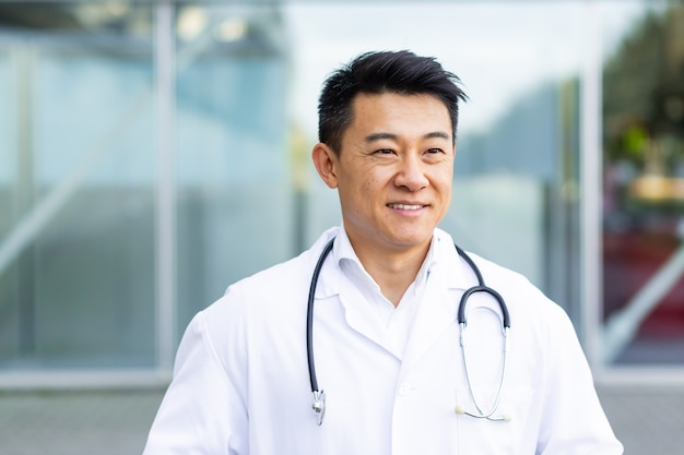 Portrait of a cheerful asian doctor man smiling on the background of a modern clinic outdoors