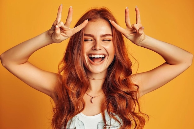 Photo portrait of a cheerful attractive redhead girl looking with victory hand gesture