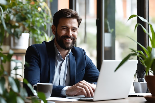 Portrait of cheerful businessman with laptop working in cozy workplace