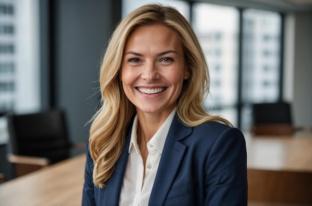 A portrait of a cheerful businesswoman smiling brightly at the meeting