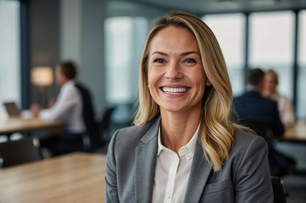 A portrait of a cheerful businesswoman smiling brightly at the meeting